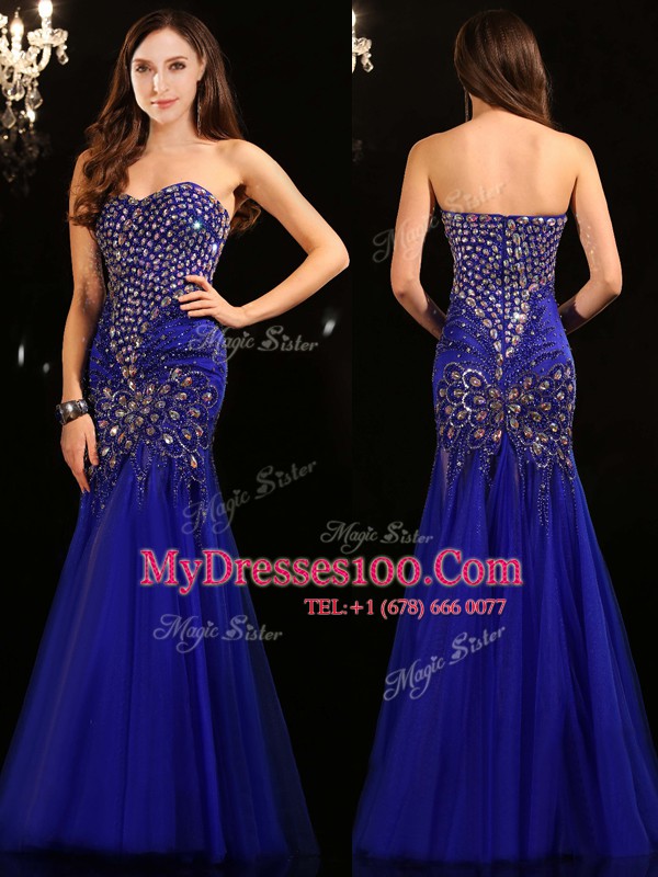 Mermaid Sleeveless Tulle Floor Length Zipper Prom Party Dress in Royal Blue with Beading