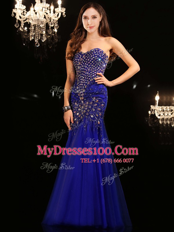 Mermaid Sleeveless Tulle Floor Length Zipper Prom Party Dress in Royal Blue with Beading