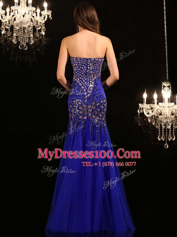 Mermaid Sleeveless Tulle Floor Length Zipper Prom Party Dress in Royal Blue with Beading