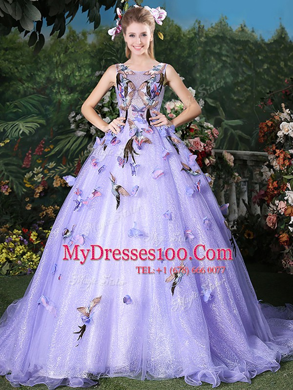 High End Lavender Scoop Neckline Appliques 15th Birthday Dress Sleeveless Lace Up