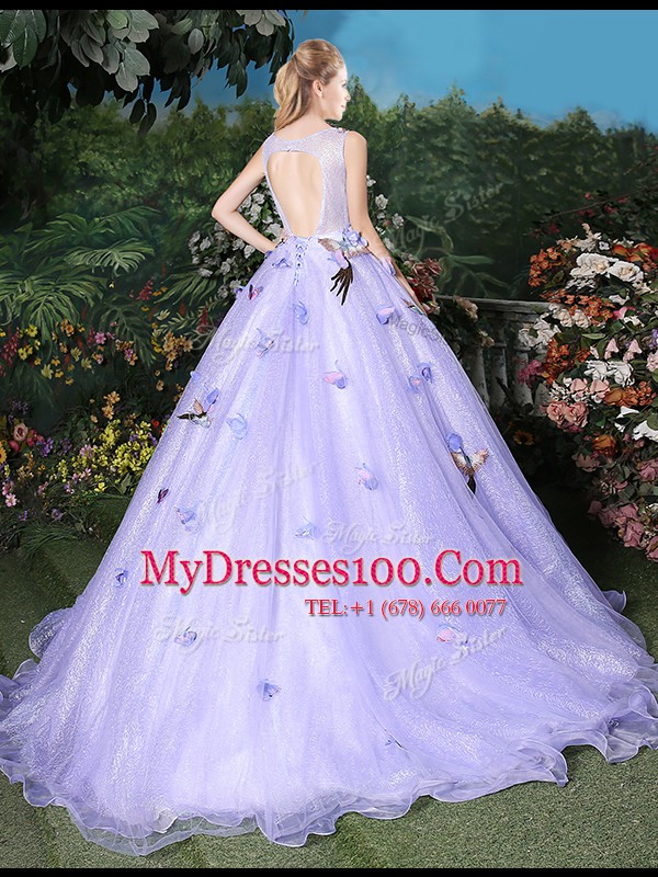 High End Lavender Scoop Neckline Appliques 15th Birthday Dress Sleeveless Lace Up