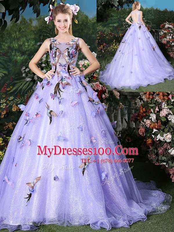 High End Lavender Scoop Neckline Appliques 15th Birthday Dress Sleeveless Lace Up