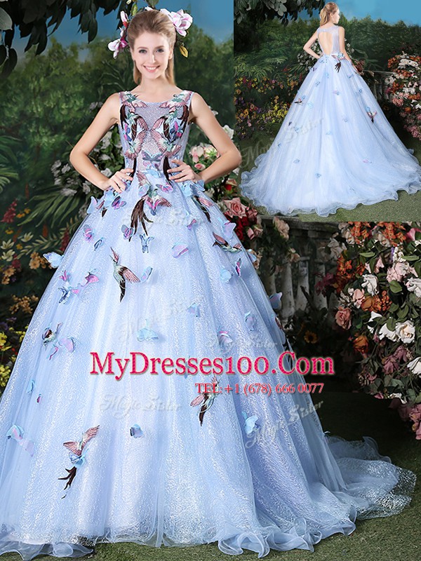 Scoop Sleeveless Brush Train Lace Up Quince Ball Gowns Light Blue Organza