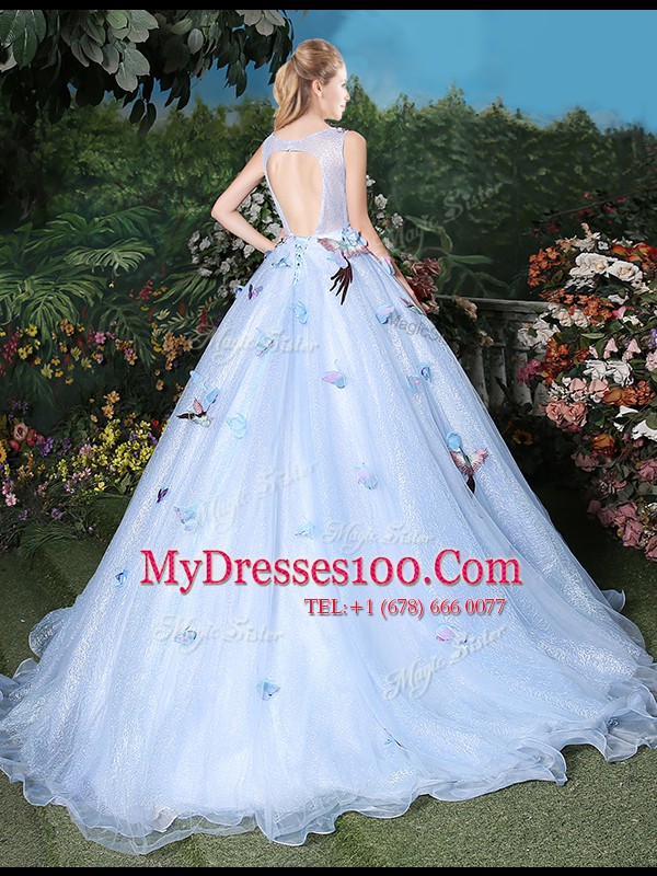 Scoop Sleeveless Brush Train Lace Up Quince Ball Gowns Light Blue Organza