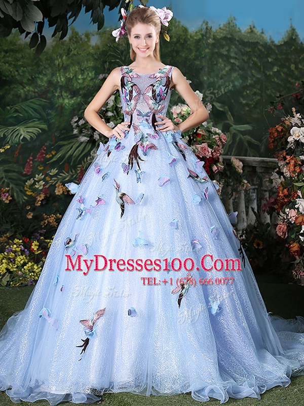 Scoop Sleeveless Brush Train Lace Up Quince Ball Gowns Light Blue Organza