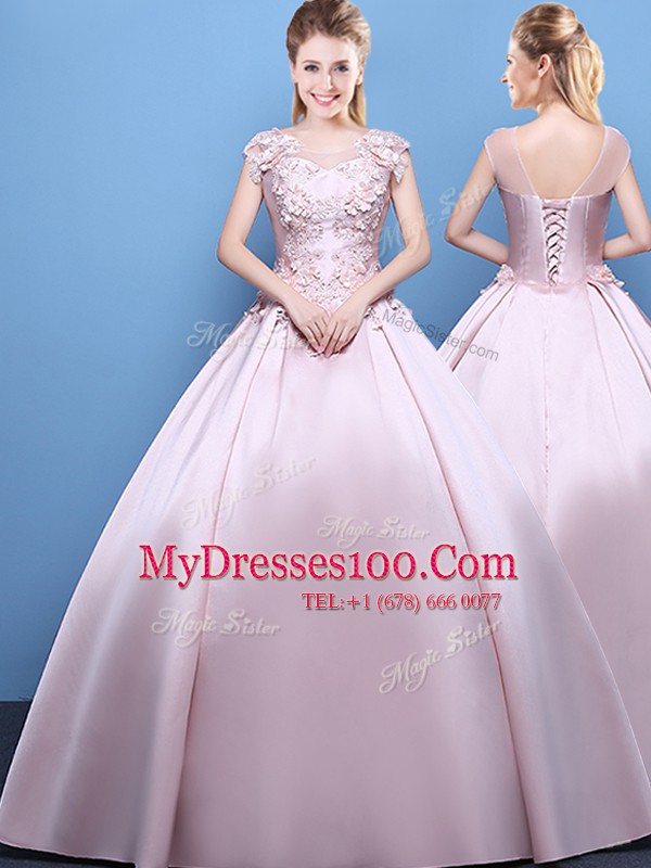 Custom Designed Scoop Pink Cap Sleeves Appliques Floor Length Sweet 16 Dresses