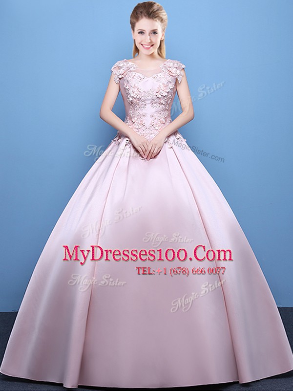Custom Designed Scoop Pink Cap Sleeves Appliques Floor Length Sweet 16 Dresses