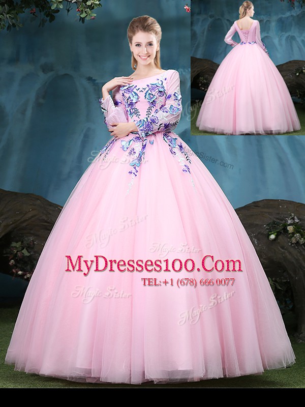 Simple Baby Pink 15 Quinceanera Dress Military Ball and Sweet 16 and Quinceanera and For with Appliques Scoop Long Sleeves Lace Up