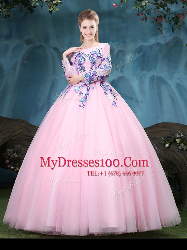 Simple Baby Pink 15 Quinceanera Dress Military Ball and Sweet 16 and Quinceanera and For with Appliques Scoop Long Sleeves Lace Up