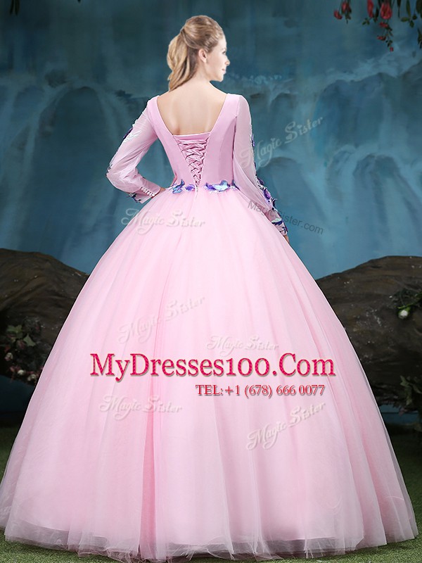 Simple Baby Pink 15 Quinceanera Dress Military Ball and Sweet 16 and Quinceanera and For with Appliques Scoop Long Sleeves Lace Up