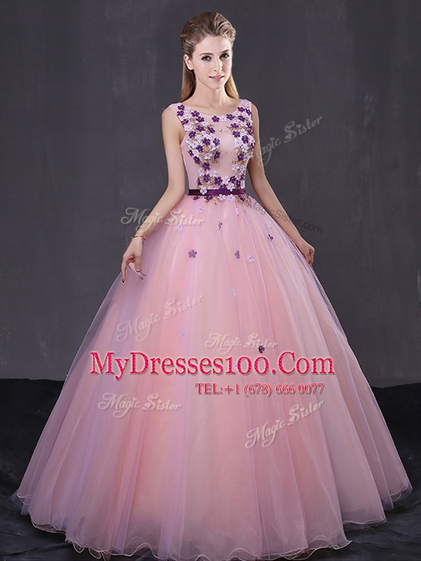 Scoop Baby Pink Sleeveless Tulle Lace Up 15th Birthday Dress for Military Ball and Sweet 16 and Quinceanera