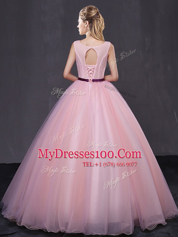 Scoop Baby Pink Sleeveless Tulle Lace Up 15th Birthday Dress for Military Ball and Sweet 16 and Quinceanera