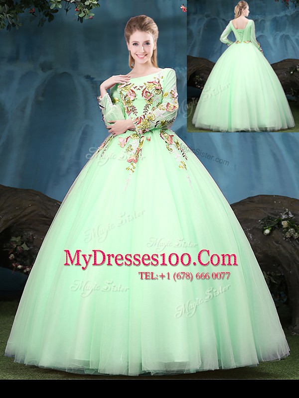 Hot Sale Apple Green Scoop Lace Up Appliques Quinceanera Dress Long Sleeves