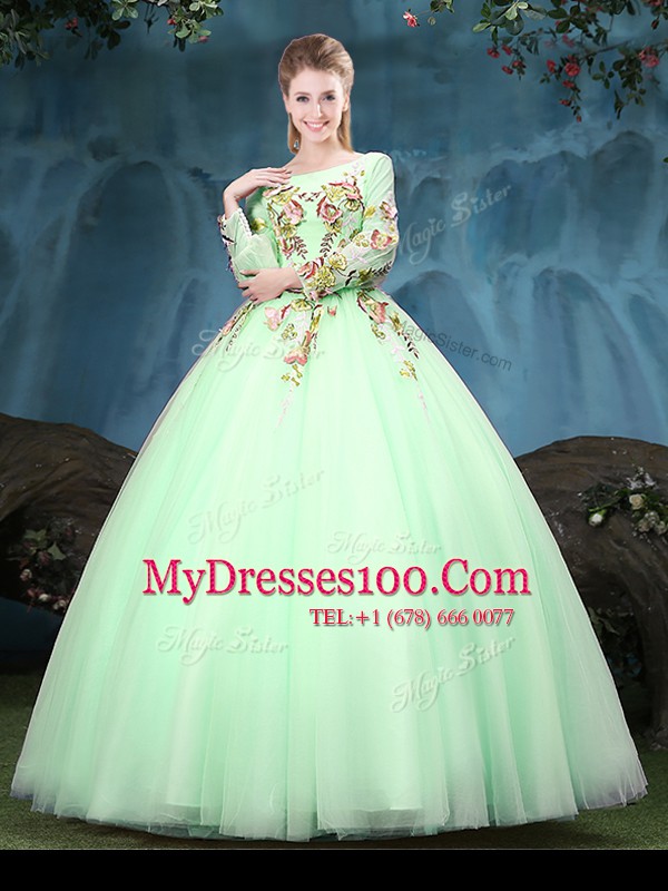 Hot Sale Apple Green Scoop Lace Up Appliques Quinceanera Dress Long Sleeves