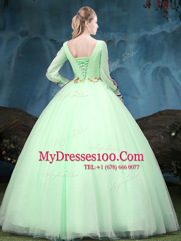 Hot Sale Apple Green Scoop Lace Up Appliques Quinceanera Dress Long Sleeves