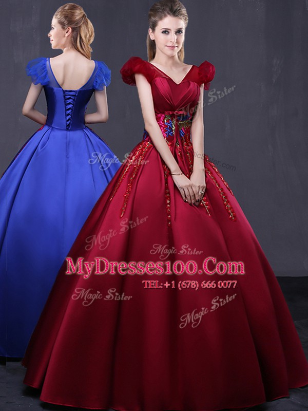 Deluxe Appliques Sweet 16 Dresses Wine Red Lace Up Cap Sleeves Floor Length