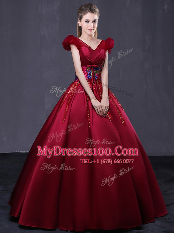 Deluxe Appliques Sweet 16 Dresses Wine Red Lace Up Cap Sleeves Floor Length