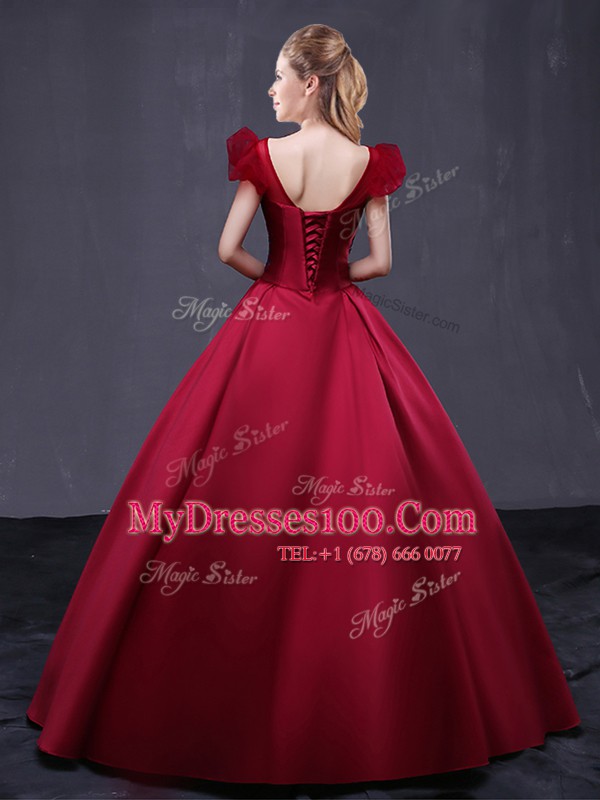 Deluxe Appliques Sweet 16 Dresses Wine Red Lace Up Cap Sleeves Floor Length