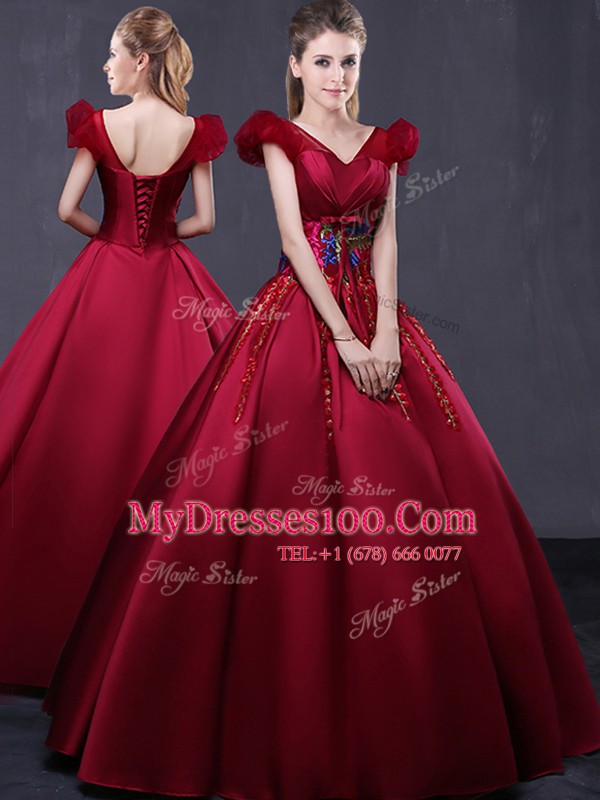 Deluxe Appliques Sweet 16 Dresses Wine Red Lace Up Cap Sleeves Floor Length