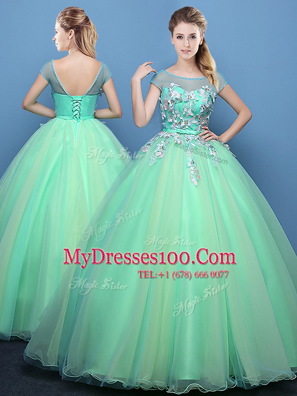 Cute Floor Length Apple Green Vestidos de Quinceanera Scoop Cap Sleeves Lace Up