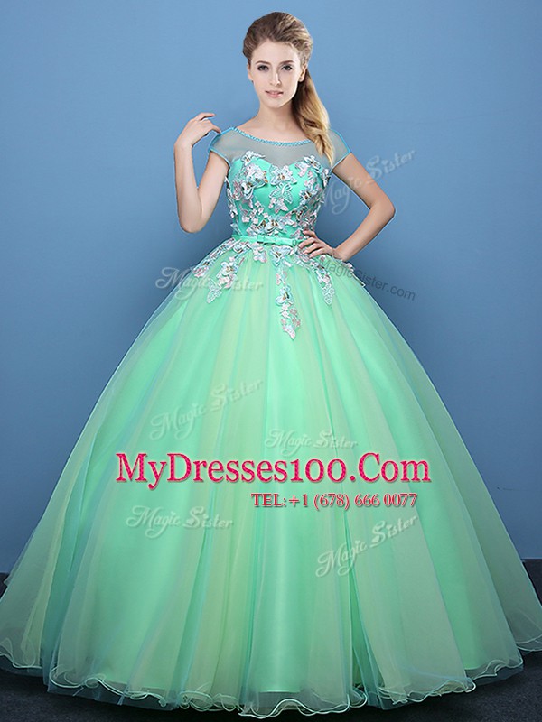 Cute Floor Length Apple Green Vestidos de Quinceanera Scoop Cap Sleeves Lace Up