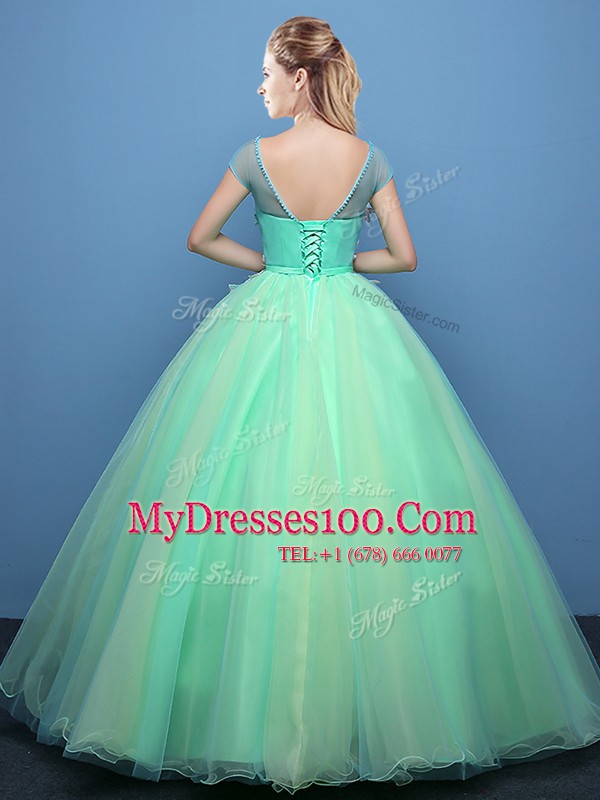 Cute Floor Length Apple Green Vestidos de Quinceanera Scoop Cap Sleeves Lace Up