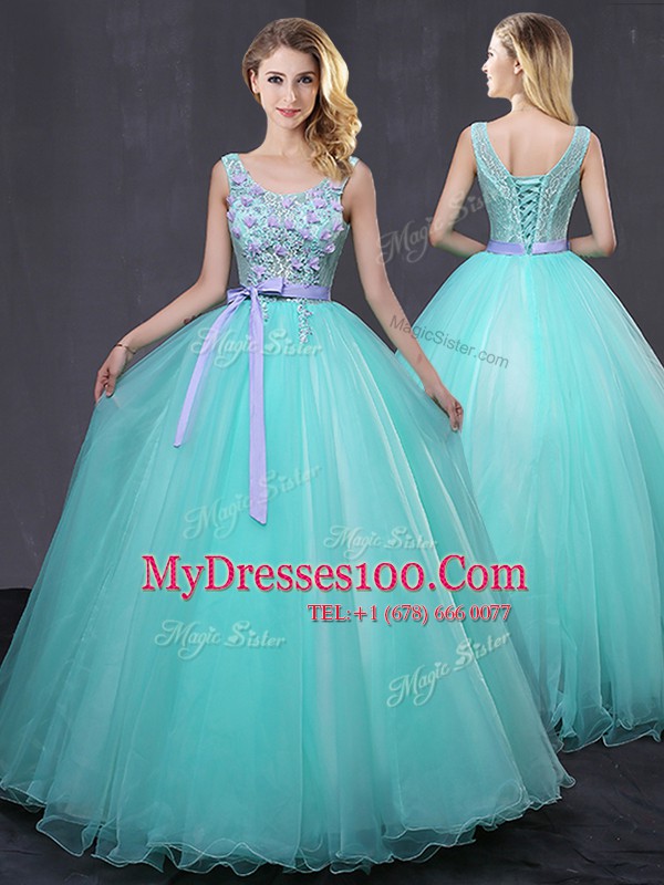 Pretty Scoop Aqua Blue Lace Up Quinceanera Gowns Appliques and Belt Sleeveless Floor Length