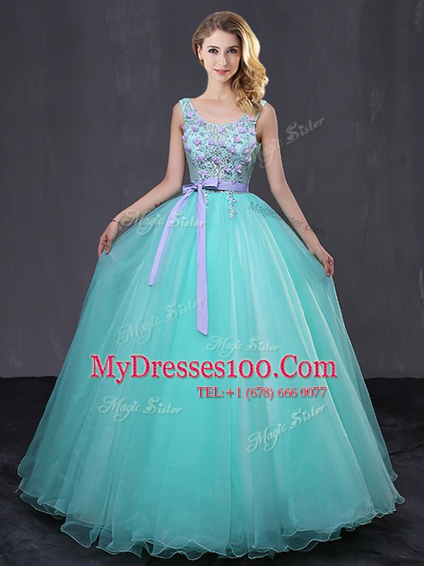 Pretty Scoop Aqua Blue Lace Up Quinceanera Gowns Appliques and Belt Sleeveless Floor Length