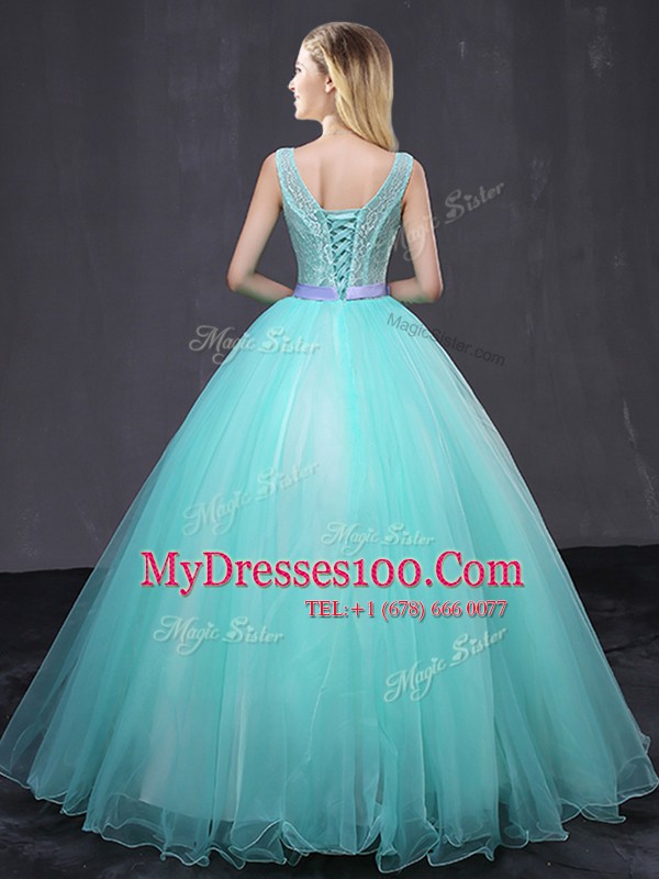 Pretty Scoop Aqua Blue Lace Up Quinceanera Gowns Appliques and Belt Sleeveless Floor Length