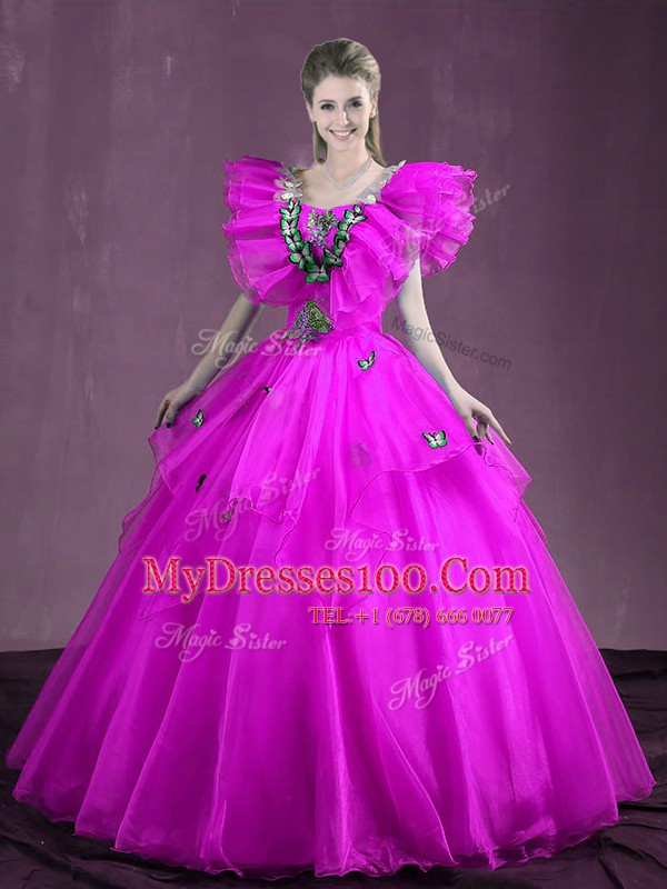 Fuchsia Sleeveless Floor Length Appliques and Ruffles Lace Up Quinceanera Gowns