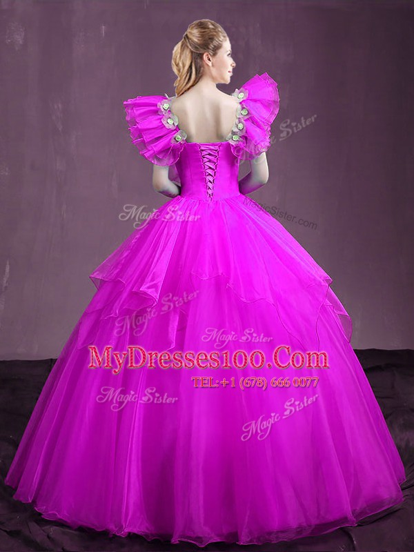 Fuchsia Sleeveless Floor Length Appliques and Ruffles Lace Up Quinceanera Gowns
