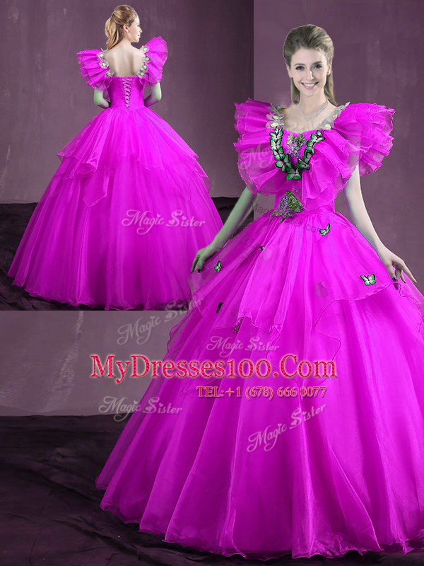 Fuchsia Sleeveless Floor Length Appliques and Ruffles Lace Up Quinceanera Gowns
