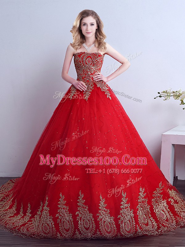 Chic Red Tulle Lace Up Ball Gown Prom Dress Sleeveless Court Train Appliques and Sequins