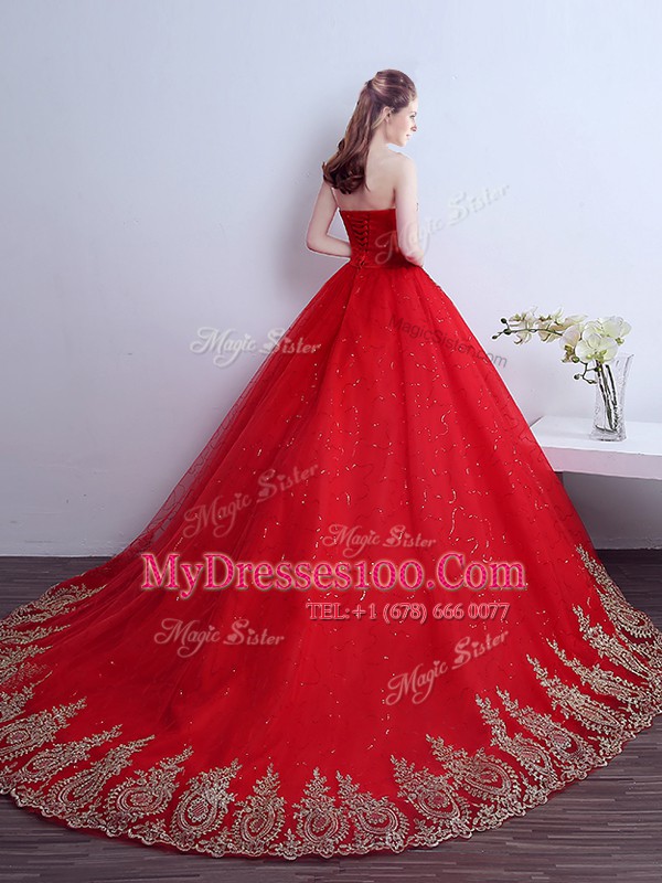 Chic Red Tulle Lace Up Ball Gown Prom Dress Sleeveless Court Train Appliques and Sequins