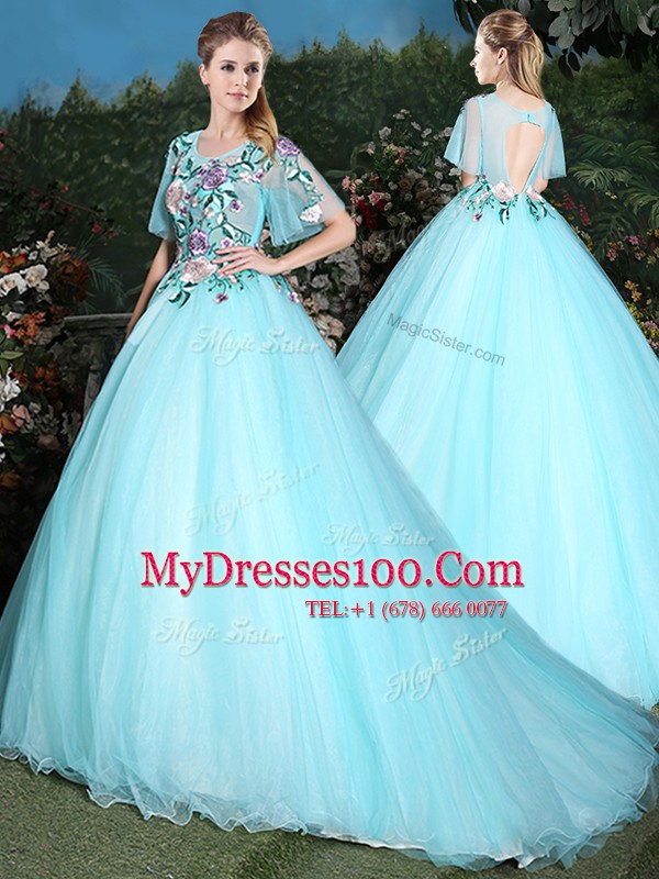 Aqua Blue Sweet 16 Dress Military Ball and Sweet 16 and Quinceanera and For with Appliques Scoop Half Sleeves Brush Train Lace Up