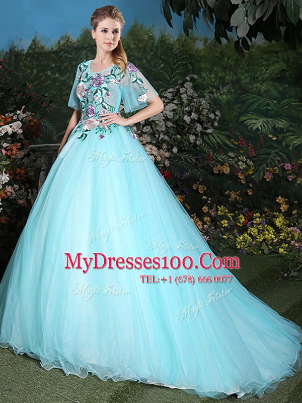 Aqua Blue Sweet 16 Dress Military Ball and Sweet 16 and Quinceanera and For with Appliques Scoop Half Sleeves Brush Train Lace Up