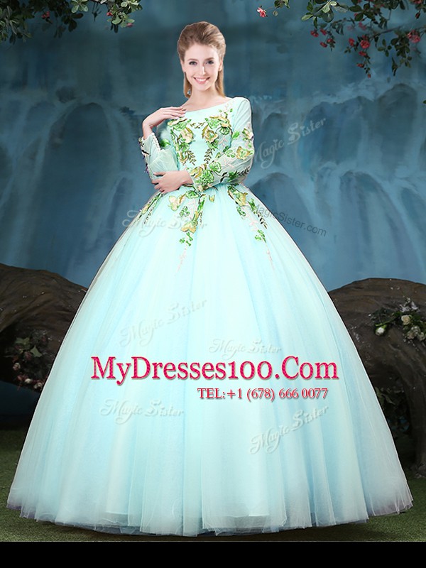 Chic Aqua Blue Scoop Lace Up Appliques Sweet 16 Quinceanera Dress Long Sleeves