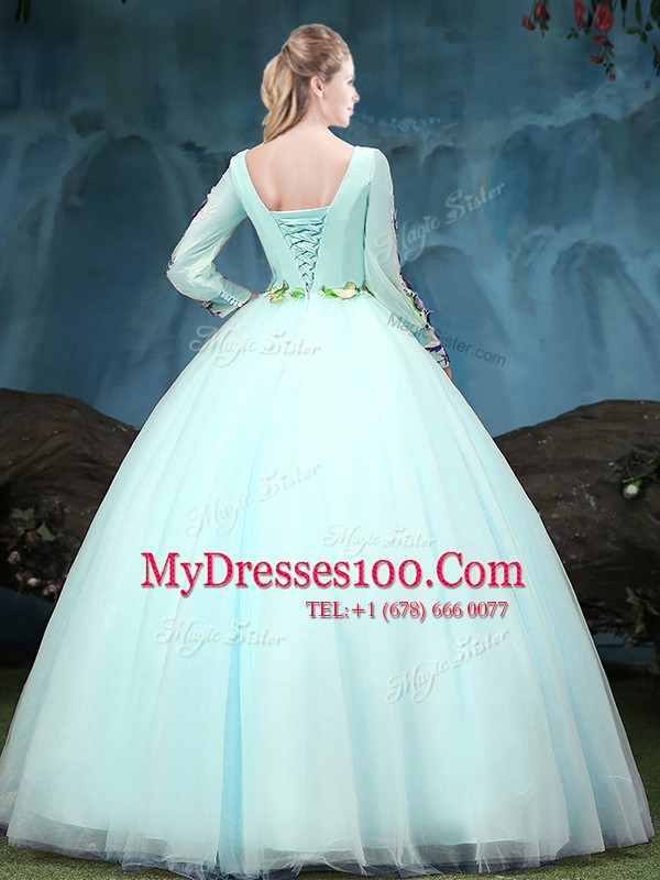 Chic Aqua Blue Scoop Lace Up Appliques Sweet 16 Quinceanera Dress Long Sleeves