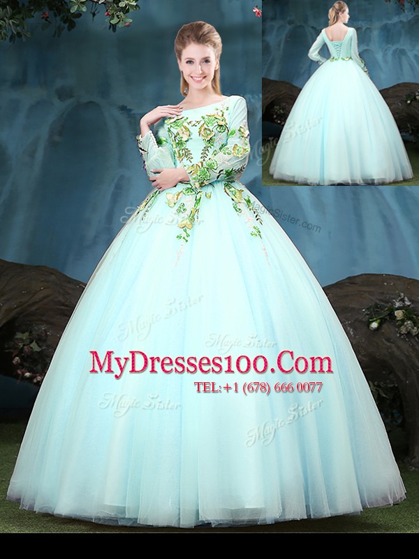 Chic Aqua Blue Scoop Lace Up Appliques Sweet 16 Quinceanera Dress Long Sleeves