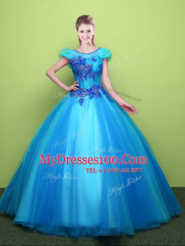 Graceful Ball Gowns 15th Birthday Dress Baby Blue Scoop Tulle Short Sleeves Floor Length Lace Up