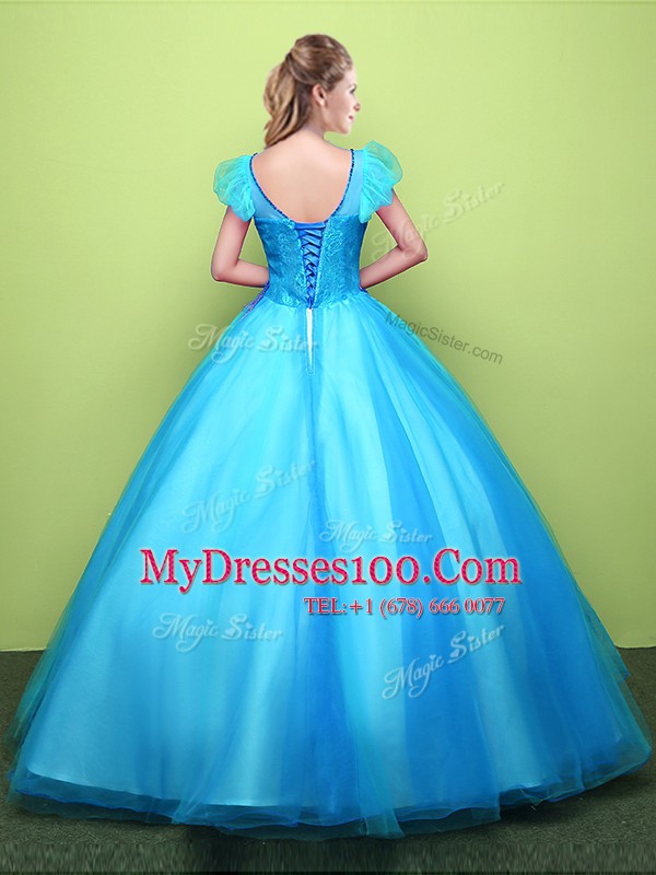 Graceful Ball Gowns 15th Birthday Dress Baby Blue Scoop Tulle Short Sleeves Floor Length Lace Up