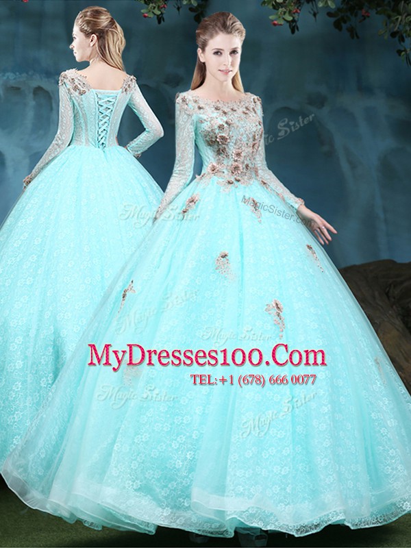 Beautiful Apple Green Ball Gowns Tulle and Lace Scoop Long Sleeves Appliques Floor Length Lace Up Vestidos de Quinceanera