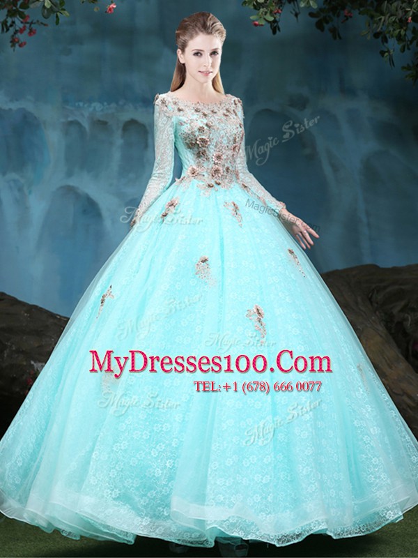 Beautiful Apple Green Ball Gowns Tulle and Lace Scoop Long Sleeves Appliques Floor Length Lace Up Vestidos de Quinceanera