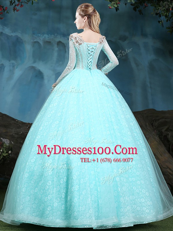 Beautiful Apple Green Ball Gowns Tulle and Lace Scoop Long Sleeves Appliques Floor Length Lace Up Vestidos de Quinceanera