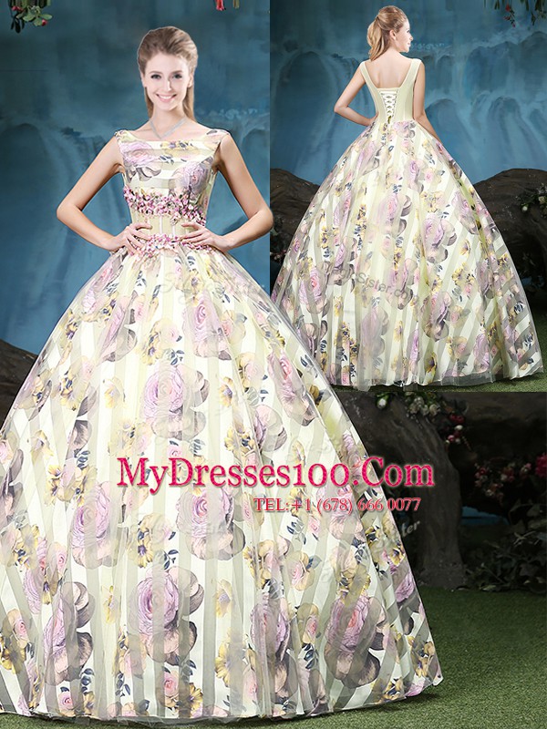 Ball Gowns Vestidos de Quinceanera Multi-color Straps Tulle Sleeveless Floor Length Lace Up