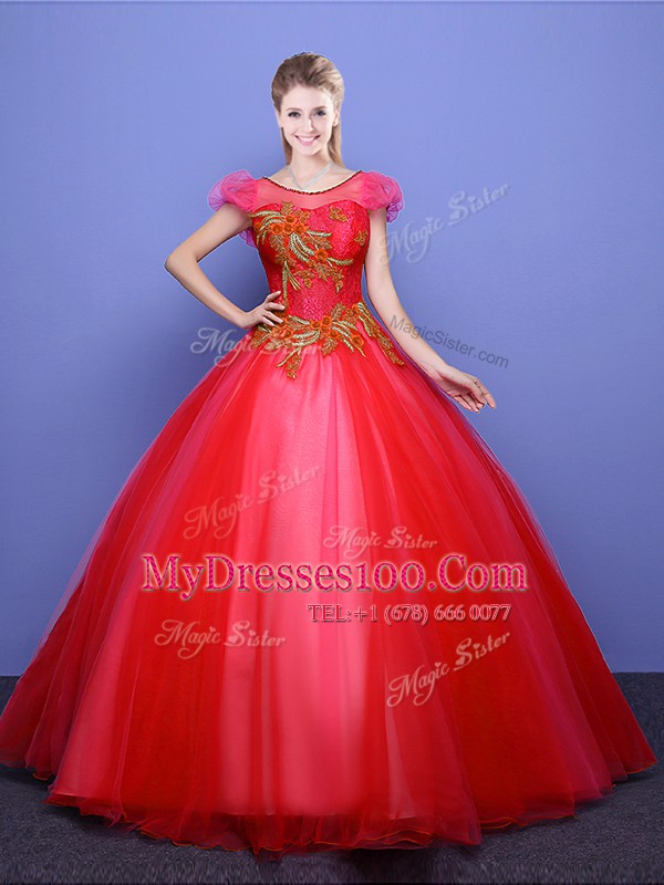 Elegant Scoop Coral Red Ball Gowns Appliques 15th Birthday Dress Lace Up Tulle Short Sleeves Floor Length