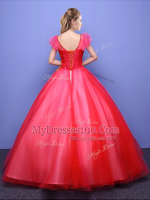 Elegant Scoop Coral Red Ball Gowns Appliques 15th Birthday Dress Lace Up Tulle Short Sleeves Floor Length