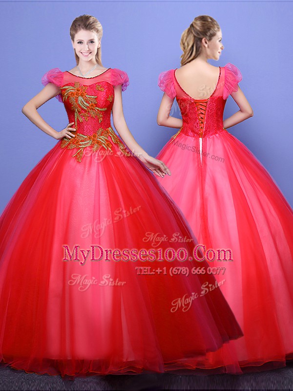 Elegant Scoop Coral Red Ball Gowns Appliques 15th Birthday Dress Lace Up Tulle Short Sleeves Floor Length