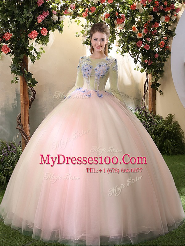 Comfortable Scoop Long Sleeves Floor Length Lace Up Sweet 16 Quinceanera Dress Peach for Military Ball and Sweet 16 and Quinceanera with Appliques