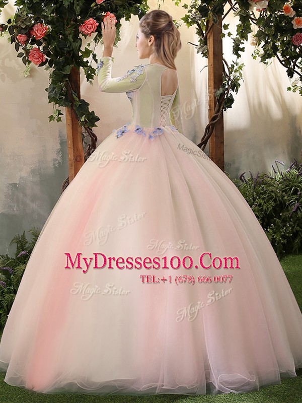 Comfortable Scoop Long Sleeves Floor Length Lace Up Sweet 16 Quinceanera Dress Peach for Military Ball and Sweet 16 and Quinceanera with Appliques